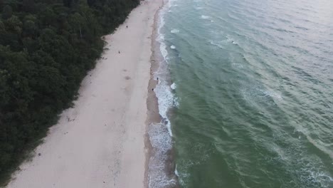 El-Dron-Está-En-El-Aire-Y-Muestra-A-Personas-Irreconocibles-Que-Pasean-Por-La-Playa-Polaca-Del-Mar-Báltico,-Entre-Las-Románticas-Olas-Y-El-Interesante-Bosque.