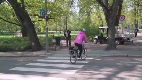 Gimbal-Shot-of-Cleaner-sweeping-the-floor-of-the-park-at-the-Royal-Palace-of-Oslo,-Norway