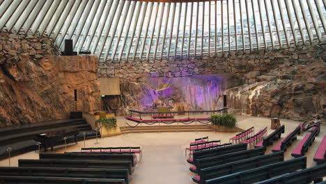 Dolly-shot-of-Altar-of-Temppeliaukio-Church-in-Helsinki