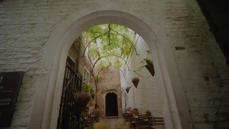 Narrow-Cobblestone-Alley,-Romantic-Secluded-Cafe,-Private-Valentine,-Nobody