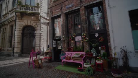 Tienda-De-Curiosidades-En-Una-Callejuela-De-Adoquines-Con-Un-Banco-Rosa-En-El-Exterior,-Amberes