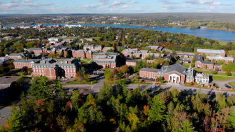 AERIAL:-View-of-university-campus-with-city-and-river-in-the-background-on-sunny-day