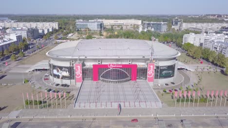 Tilting-descending-4k-aerial-shot-of-Belgrade-Arena