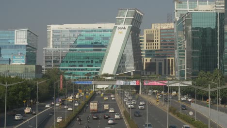 Modern-India-business-center-in-DLF-cybercity-with-world-class-multi-lane-road-infrastructure-and-smooth-flow-of-traffic,-Gurugram