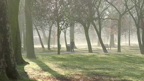 Ein-Junges-Mädchen-Joggt-Im-Park-Und-Hält-Eine-Flasche-Wasser-In-Der-Hand,-Während-Die-Sonne-Durch-Die-Neblige-Morgenluft-Scheint