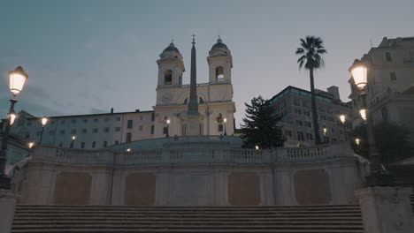 Aerial-view-over-the-Scalinata-di-Trinità-dei-Monti,-towards-the-church,-dawn-in-Rome,-Italy