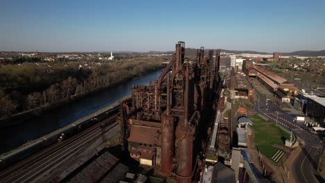 An-aerial-view-of-the-Bethlehem-Steel-stacks-in-PA-during-a-sunny-day