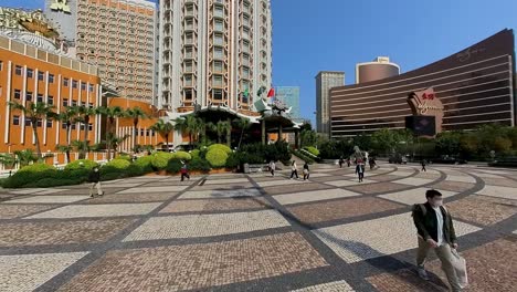 Reverse-pan-high-angle-view-of-Casinos-in-Macau-SAR,-China