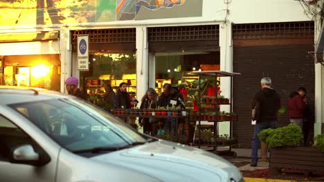 Gente-Caminando-En-La-Calle-Frente-A-Una-Floristería-En-El-Barrio-Italia,-Santiago