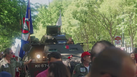 April-25th-parade-at-Avenida-da-Liberdade,-Lisbon,-close-up-shot-of-parade-military-tanks