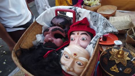 Topeng-Masks-of-Balinese-Mask-Dance-Displayed-in-a-Bali-Hindu-Ceremony,-Cultural-Art-of-Indonesia