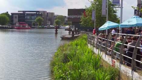 Footage-of-the-waterfront-area-district-of-the-ancient-and-historic-city-of-Lincoln,-Showing-medieval-streets-and-buildings