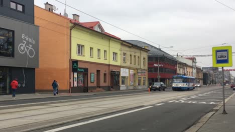 Tatra-T3SU-tram-of-DPO-public-transportation-company-in-Ostrava,-Czech-Republic-with-panning-motion