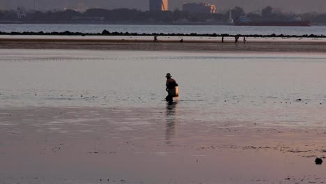 Local-fishermen-checking-his-fishing-nets-wading-through-ocean-at-low-tide,-people-collecting-seafood-in-the-distance,-in-capital-city-Dili,-Timor-Leste,-Southeast-Asia