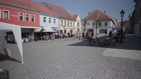 Marketplace-on-a-small-square-in-the-historical-part-of-Písek,-Czech-republic