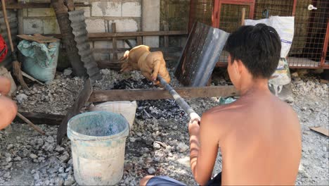 22-De-Abril-De-2023-Ciudad-De-Danao,-Cebú,-Filipinas---Un-Hombre-Está-Asando-Un-Lechón-Baboy-O-Un-Cochinillo-Sobre-Un-Fuego-De-Carbón-En-Un-Patio-Trasero-Local