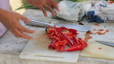 Abril,-22-De-2023,-Ciudad-De-Danao,-Cebú,-Filipinas---Mujer-Cortando-Pimiento-Preparando-Ingredientes-Para-Un-Plato-Tradicional-Filipino