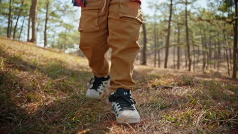 Ein-Junge-Mit-Füßen-In-Turnschuhen,-Der-Den-Weg-Im-Herbstwald-Entlang-Geht