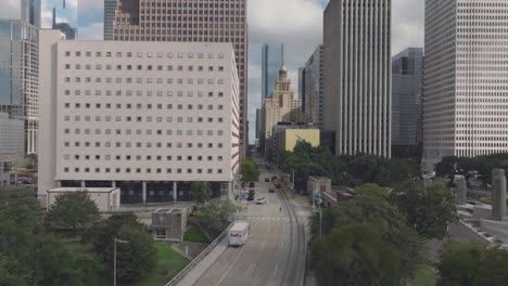 An-aerial-establishing-shot-of-the-Niels-Esperson-Building,-the-only-complete-example-of-Italian-Renaissance-architecture,-located-in-downtown-Houston,-Texas