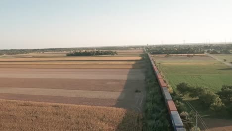 El-Dron-Aéreo-Descendente-Cinematográfico-Captura-Un-Tren-De-Carga-Cargado-Que-Atraviesa-Vastos-Campos-De-Maíz-Iluminados-Con-Luz-Dorada,-Mientras-El-Dron-Se-Desliza-Por-Encima,-Revelando-El-Sereno-Paisaje-Rural.