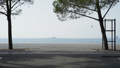 People-on-electric-and-regular-bikes-passing-by-Thessaloniki-Beach-Promenade-sea-background-sunny-day-summer