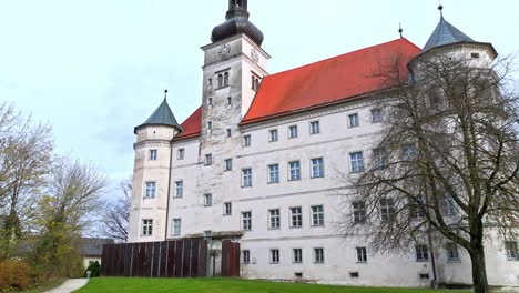 Schloss-Hartheim-Memorial-Site-In-Alkoven,-Upper-Austria---Drone-Shot