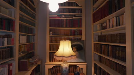 Home-library,-shelves-filled-with-old-historical-books-in-an-old-medieval-castle