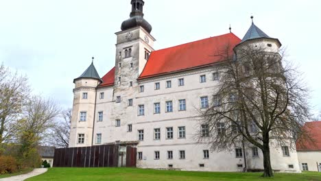 Schloss-Hartheim-Castle,-Memorial-Site-In-Alkoven,-Upper-Austria---Drone-Shot