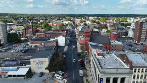 Downtown-Lebanon-Pennsylvania-aerial-establishing-shot-of-buildings,-church,-Snitz-Creek