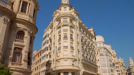 Valencian-Architecture-On-The-Modernisme-Plaza-Of-The-City-Hall-Of-Valencia,-Spain