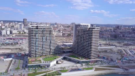 Fantastic-aerial-orbiting-shot-of-Waterfront-towers-in-Belgrade-Serbia