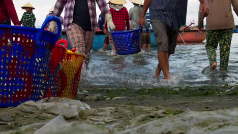 Primer-Plano-De-Pescadores-Agitados-Llevando-Cestas-De-Pescado-A-La-Orilla-Desde-Un-Barco-De-Cesta,-Pueblo-Pesquero-De-Mui-Ne,-Vietnam