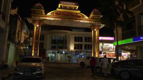 Brightly-Lit-up-With-Lights-Entrance-to-Little-India-Street,-Penang-city,-Malaysia