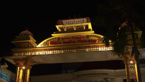 Brightly-Lit-Entrance-to-Little-India-Street,-Evening,-Penang-City,-Malaysia