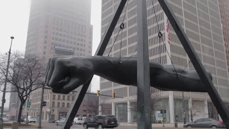 Joe-Louis-fist-sculpture-on-an-overcast-day-in-Downtown-Detroit,-Michigan