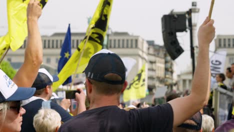 Supporters-of-Flemish-far-right-party-Vlaams-Belang-waving-with-Flags-of-Flanders-during-protest-rally-in-Brussels,-Belgium