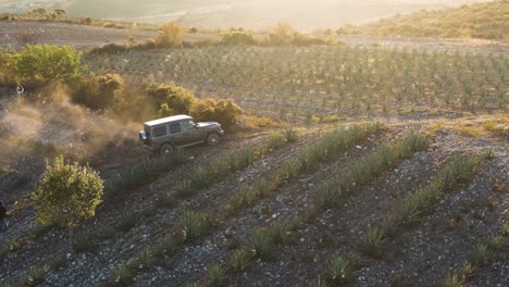 Vista-Aérea-Cinematográfica-De-Un-Automóvil-Todoterreno-Conduciendo-En-El-Desierto-Al-Atardecer-Dejando-Polvo