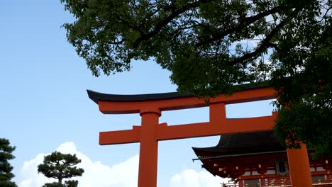 Puerta-Torii-Roja-Gigante-Con-Rama-De-árbol-A-La-Vista-Contra-El-Cielo-Azul