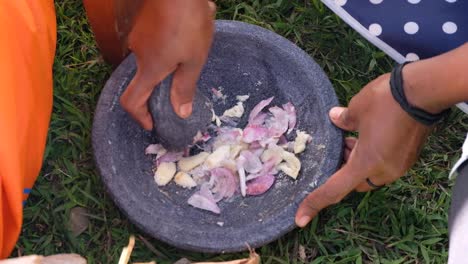 Nahaufnahme-Einer-Frau,-Die-Mit-Mörser-Und-Stößel-Frische-Knoblauch--Und-Zwiebelzutaten-Für-Die-Zubereitung-Des-Mittagessens-Im-Freien-Zermahlt