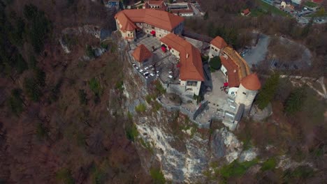 Drohne-Rotiert-Nach-Links,-Blick-Auf-Die-Burg-Von-Bleder-See-Auf-Einer-Klippe,-Farbenfrohe-Natur