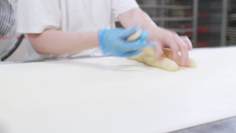 Factory-Workers-Making-Fresh-Triple-Dough-Baguette-On-Moving-Conveyor-Belt