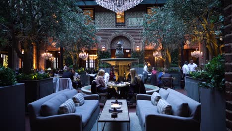 Dos-Mujeres-Están-Sentadas-En-El-Lujoso-Restaurante-De-Chicago-Rodeadas-De-árboles-Y-Decoraciones-Contemporáneas-Con-Elegantes-Candelabros.