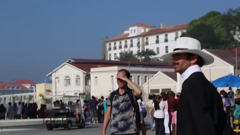 Actor-impersonating-Brazilian-aviator-Santos-Dumont-at-Praca-Maua,-in-Rio-de-Janeiro,-Brazil