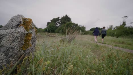 Folgen-Sie-Der-Aufnahme,-Vorbei-An-Den-Meisten-Bedeckten-Steinen,-Mit-Menschen,-Die-In-Der-Ferne-Auf-Einem-Weg-In-Le-Cabellou,-Frankreich,-Spazieren-Gehen