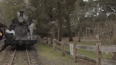 Histórico-Tren-De-Vapor-&#39;Puffing-Billy&#39;-Liberando-Vapor-En-La-Estación-Gembrook