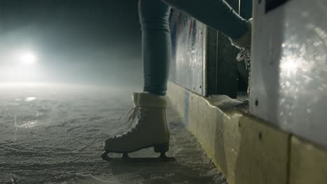 Zeitlupe-Eines-Eisläuferpaares,-Das-Im-Dunst-Ein-Schneebedecktes-Winterstadion-Betritt