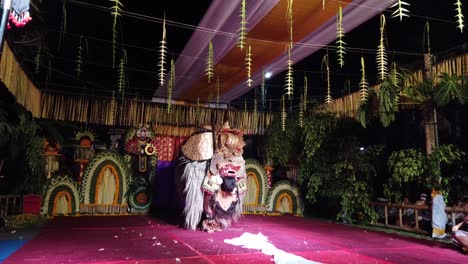 Barong-Dance-Performs-in-a-Balinese-Hindu-Temple-Ceremony-at-Night,-Red-Carpet,-Traditional-Drama-Theater-Performance-of-Mystical-Creature