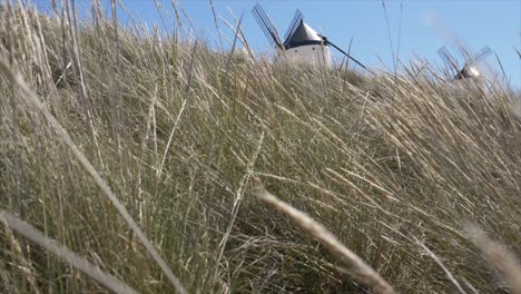 Slow-motion-shot-of-Spanish-windmills-in-Consuegra,-location-of-Don-Quijotte-and-Money-Heist