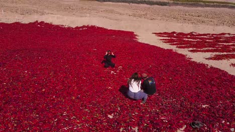 Two-Photographers-Taking-Shots-for-Girl-Posing-On-Ground-In-Nature,-Peru