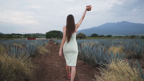 Chica-Vestida-De-Verano-Caminando-Y-Sosteniendo-Una-Bebida-De-Mezcal-A-Través-De-Una-Plantación-De-Agave,-En-Jalisco,-México---Disparo-De-Seguimiento-En-Cámara-Lenta